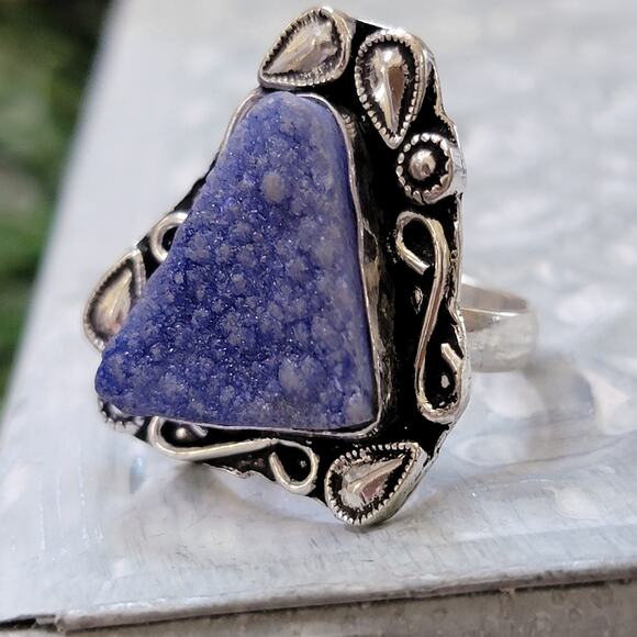 Blue Druzy Quartz Statement rings, Sterling Silver Ring, Size 7.25 - Picture 4 of 9